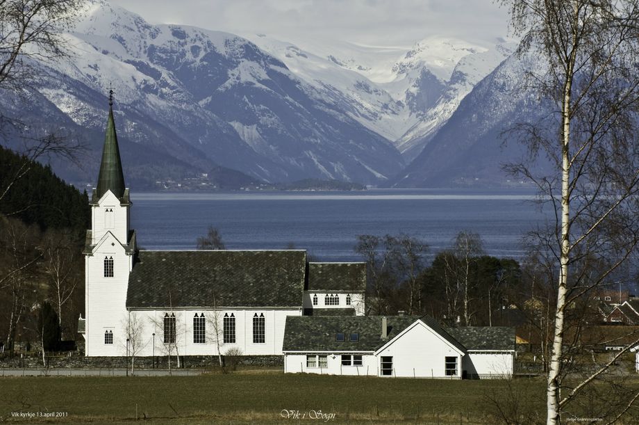 Vik kyrkje - The Vik curch, the Sognefjord and view to the Jostedal glacier